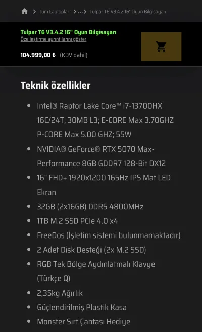 Monster Yüksek Seviye Oyuncu Laptopu